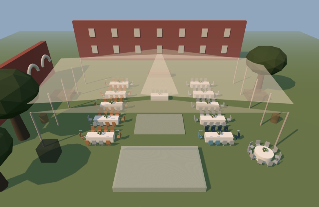 Vista en 3D del jardín con las mesas acomodadas